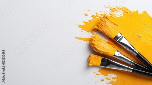 Three paintbrushes densely coated with vibrant yellow paint rest against a stark white background, symbolizing creativity, artistry, and precise craftsmanship. photo