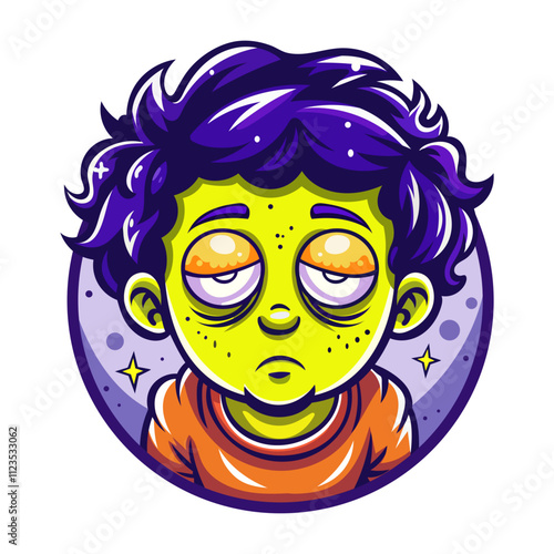 Restless character with half open eyes, flat style sticker