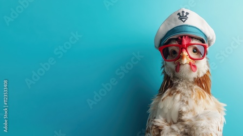 An entertaining image of a chicken wearing a sailor hat with an encyclopedic gaze, evoking themes of whimsy and charm, perfect for creative and humorous storytelling. photo