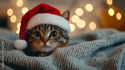 A cute cat wearing a red Christmas hat, surrounded by cozy blankets and festive lights. photo