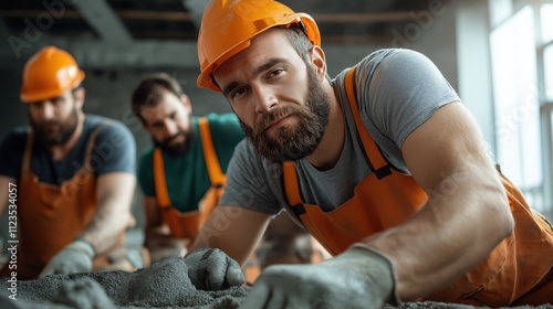 skilled craftsman in an orange helmet meticulously shapes a cement floor alongside fellow workers in a workshop. scene captures teamwork and dedication to the task at hand