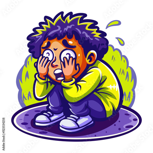 A character hiding his face with hands, flat style sticker 