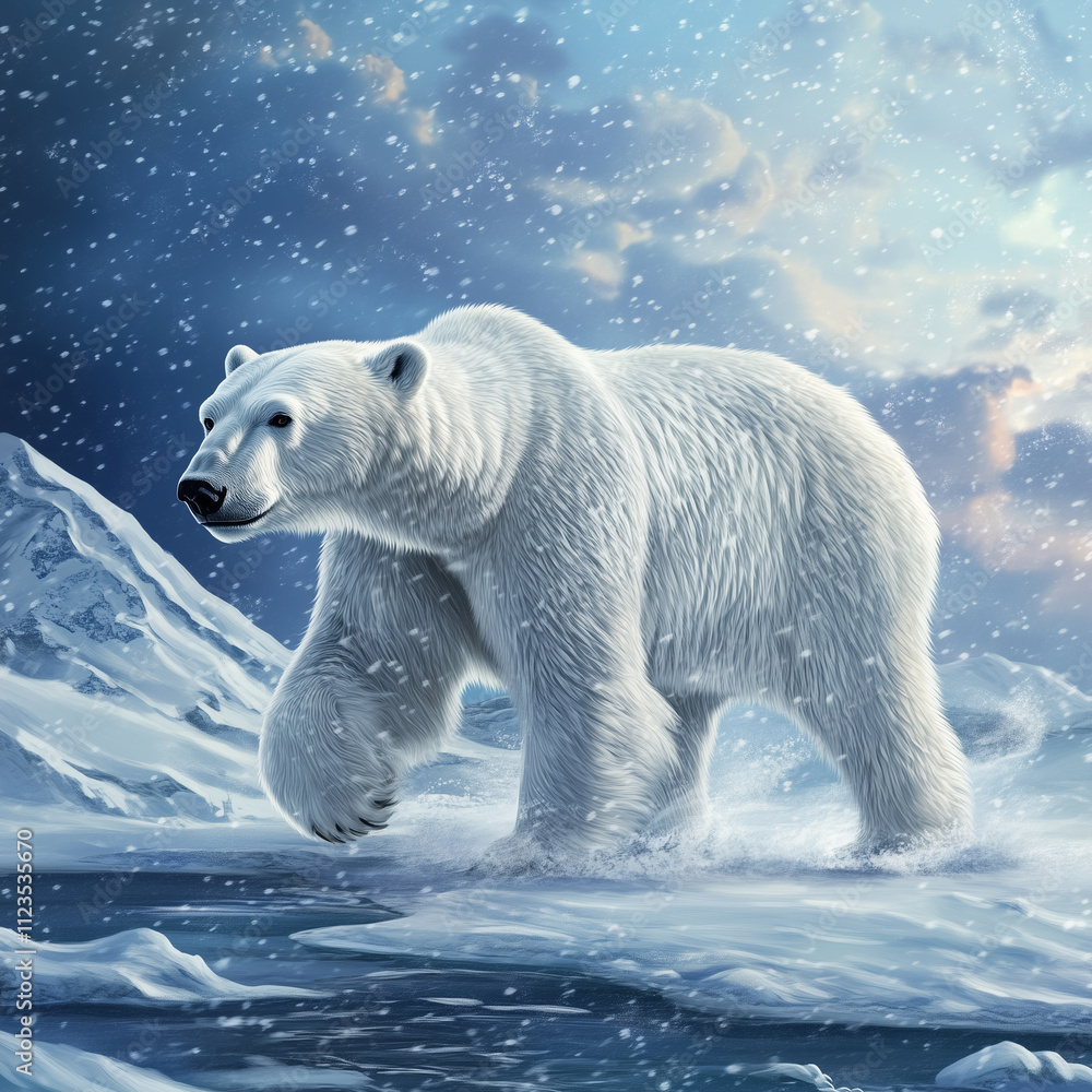 A majestic polar bear walking through an arctic landscape A majestic polar bear walking through an arctic landscape