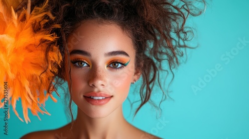 A striking portrait featuring a woman with vibrant eye makeup and orange feather accents, set against a bold teal background for an artistic and lively effect. photo