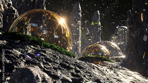 A futuristic ecosystem on an asteroid, with domes over green areas, connected by magnetic bridges and cosmic scenery. photo