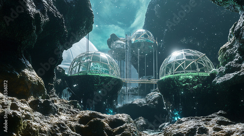 A futuristic ecosystem on an asteroid, with domes over green areas, connected by magnetic bridges and cosmic scenery. photo