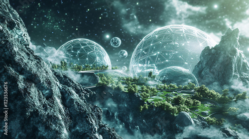 A futuristic ecosystem on an asteroid, with domes over green areas, connected by magnetic bridges and cosmic scenery. photo