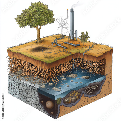 a diagram illustrating soil remediation step by step, using the technique called biological remediation where Microorganisms (bacteria or fungi) are introduced or stimulated to degrade organic polluta photo