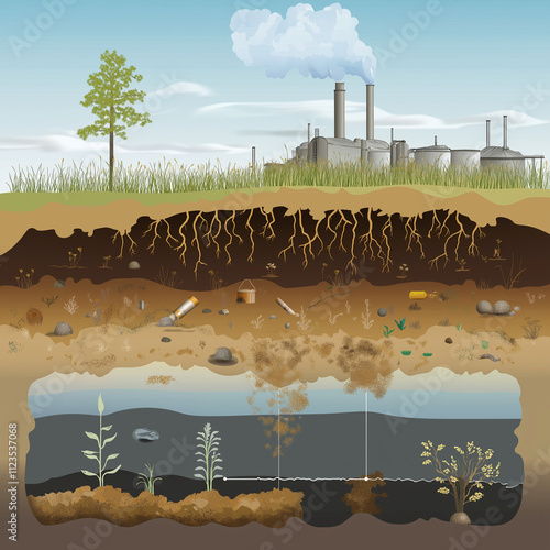 a diagram illustrating soil remediation step by step, using the technique called biological remediation where Microorganisms (bacteria or fungi) are introduced or stimulated to degrade organic polluta photo