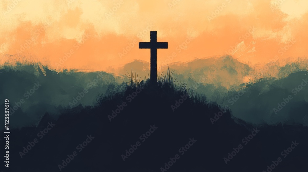 Sunset Cross Digital Painting of a Silhouette Cross on a Hilltop, Abstract Landscape, Faith, Hope Christian art, religious art Sunset Cross Digital Painting of a Silhouette Cross on a Hilltop, Abstract Landscape, Faith, Hope Christian art, religious art