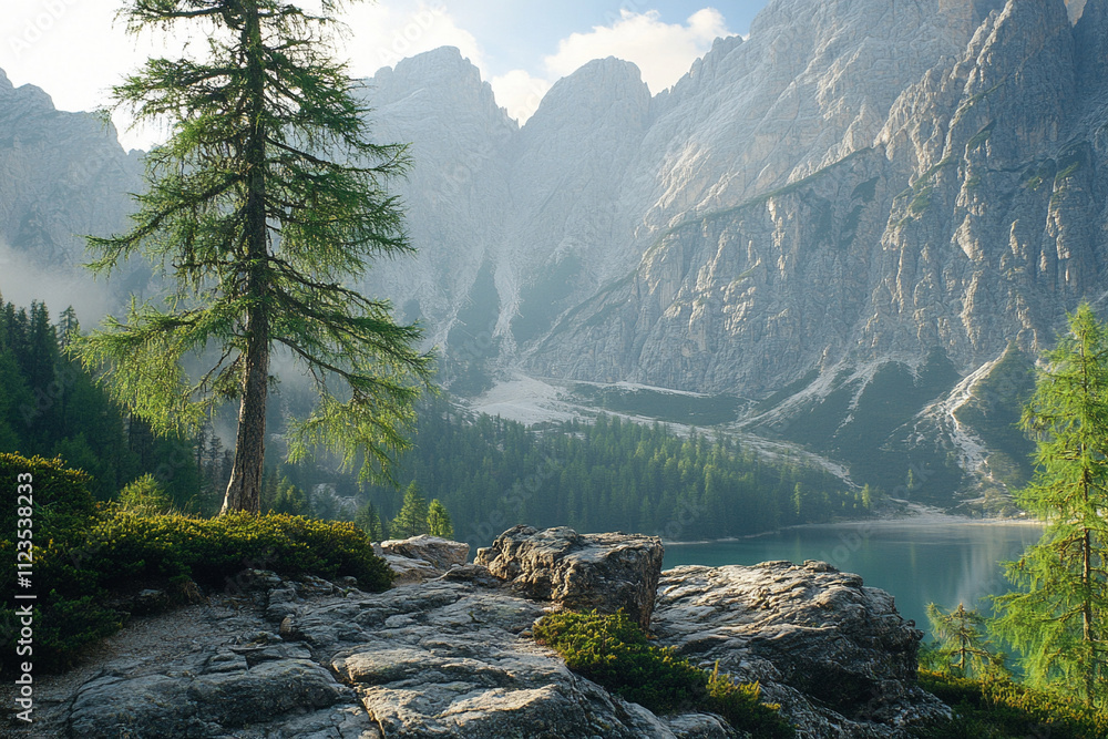 Obraz premium Majestic mountain landscape with a tranquil lake view