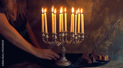 A traditional silver menorah with nine brightly lit candles, each one symbolizing the eight days of Chanukah and the central shammash candle. The menorah stands proudly on a wooden table with a dark  photo