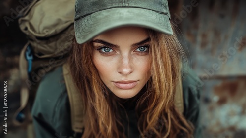 A determined woman with striking eyes in outdoor gear and green cap, ready for adventure, portraying resilience and readiness amidst a natural backdrop. photo