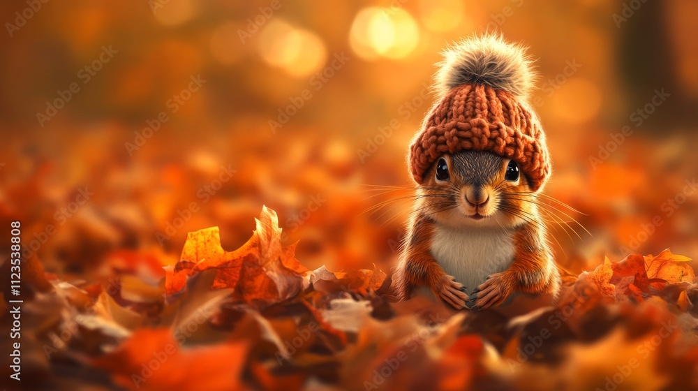 Obraz premium Autumn Squirrel in Knit Hat Digital Painting, Warm Tones, Cozy Concept, Fall Leaves, Wildlife Squirrel, Autumn