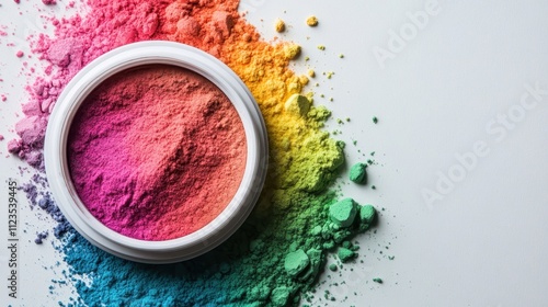 A top-down view of vibrant rainbow-colored powders spilling out from an open jar onto a white surface, creating an artistic and dynamic display of colors and texture. photo