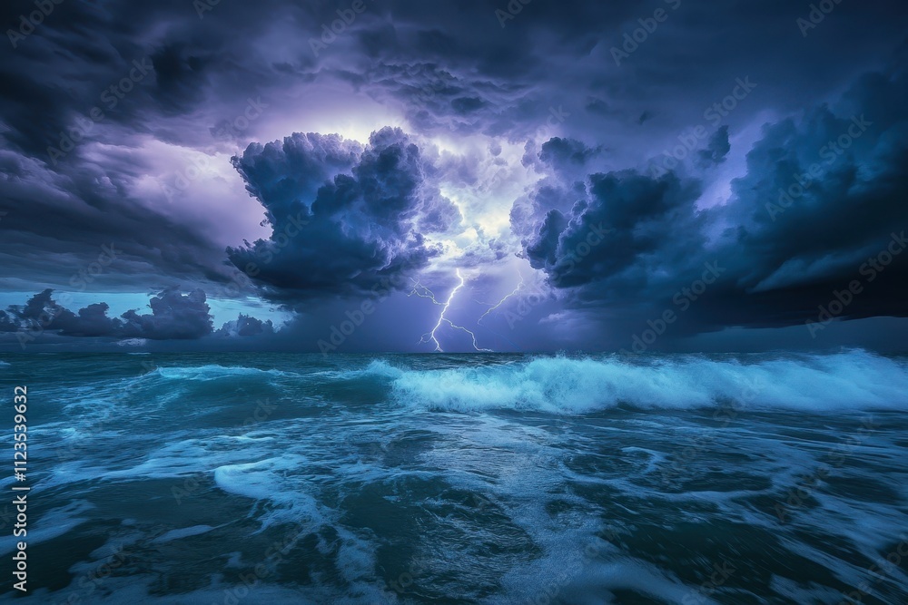 Fototapeta premium A Single Lightning Bolt Strikes the Ocean During a Thunderstorm