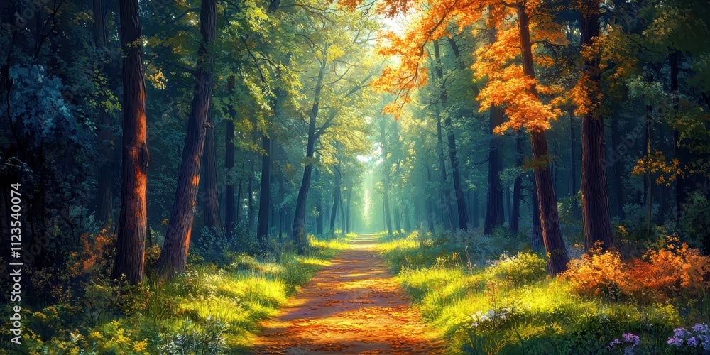 Fototapeta premium A Sunlit Path Through a Lush Forest with Autumn Colors