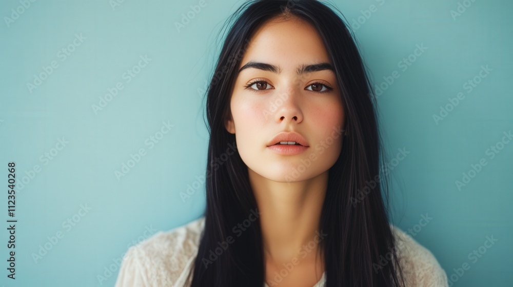 Young Woman with Long Black Hair Poses Against Teal Background Young Woman with Long Black Hair Poses Against Teal Background