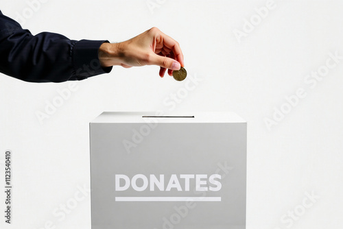 Hand Dropping Coin Into Donation Box for Charity Contribution photo