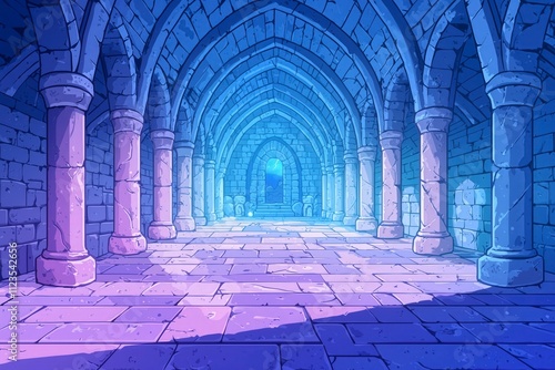 Mystical Stone Vault  Dungeon with Arched Ceilings and Colorful Ambient Lighting