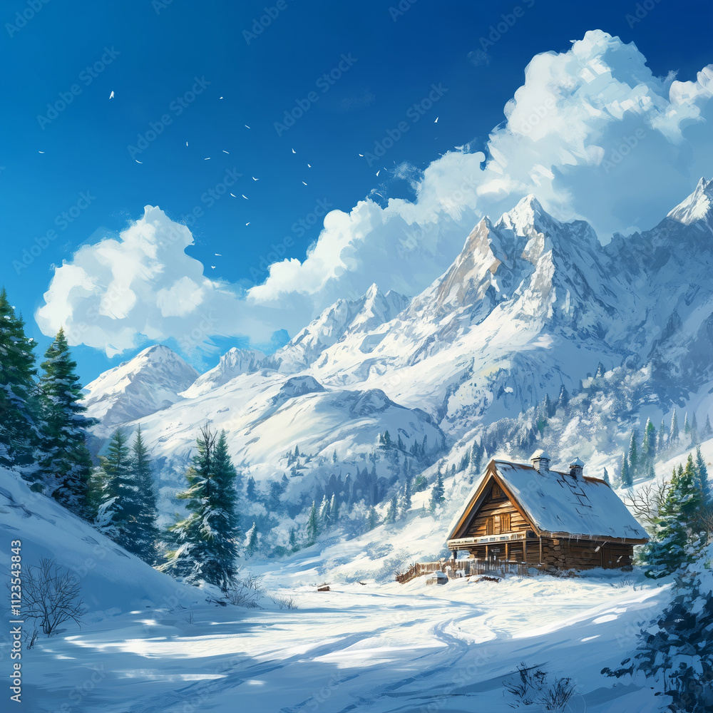 Fototapeta premium Snow-covered mountains under a bright blue sky