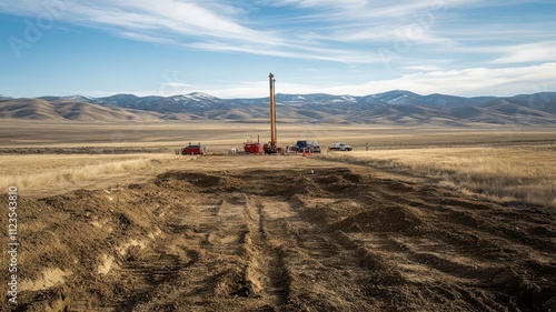 Geological study. A geotechnical drilling site, displaying drilling equipment, extracted core samples, and onsite analysis