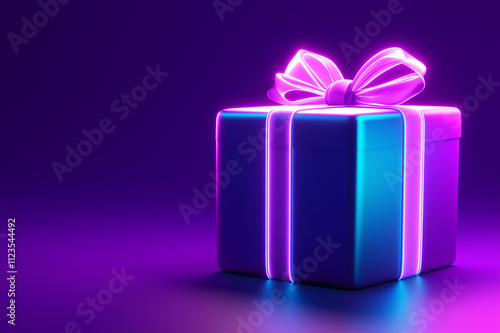 Glowing purple gift box with neon ribbons on a dark background, perfect for Valentine’s Day or romantic celebrations and presents. photo