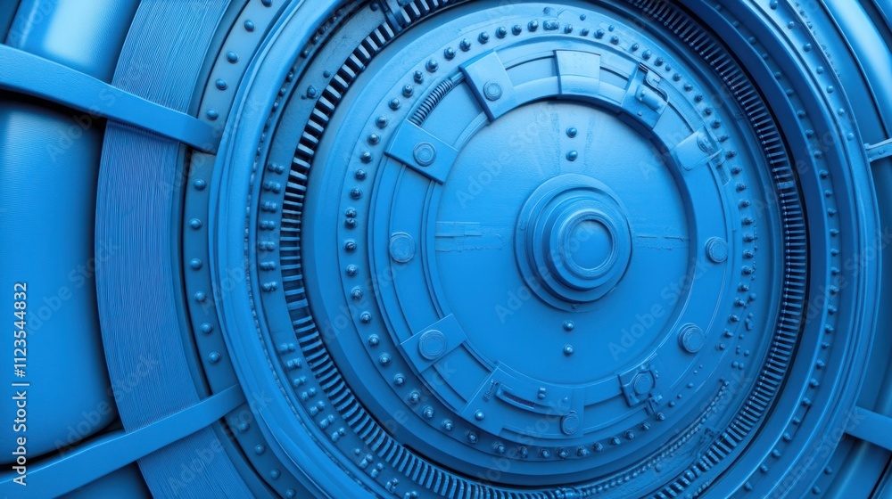 Fototapeta premium Abstract Close-up of a Futuristic Metallic Blue Circular Component with Textured Details and Intricate Geometric Designs on a Modern Background