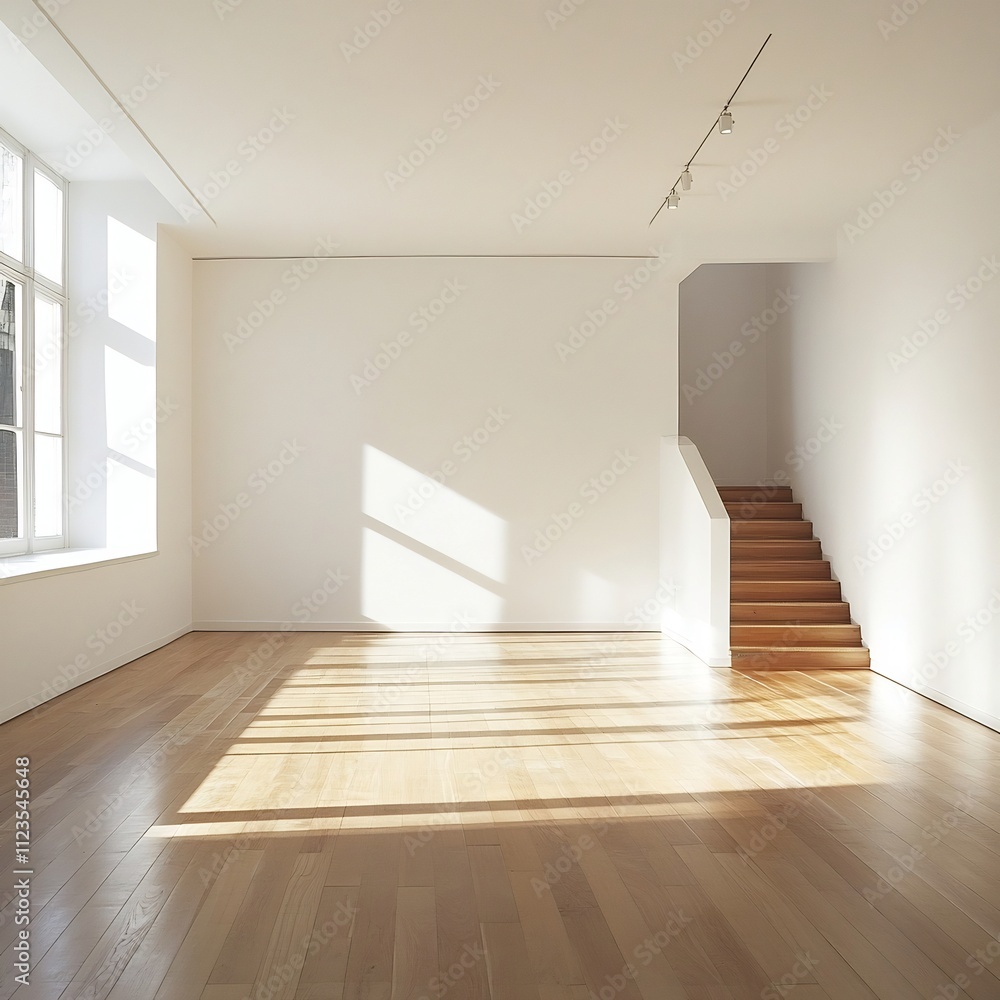 Fototapeta premium Bright and Airy Modern Room with Wooden Flooring and White Walls