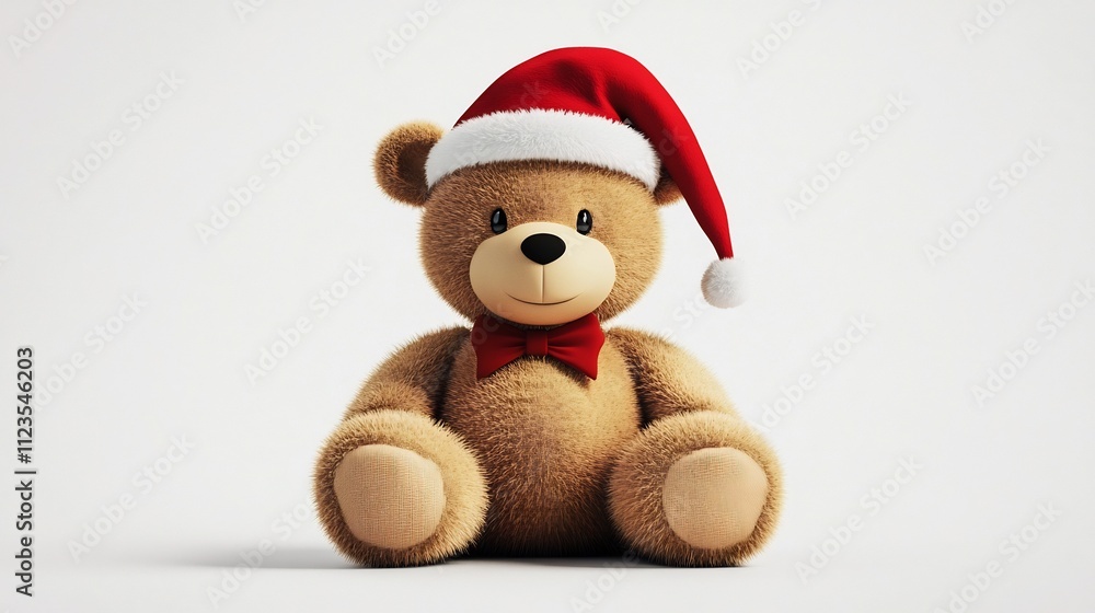 Fototapeta premium 3D Render of Plush Christmas Teddy Bear with Santa Hat on White Background