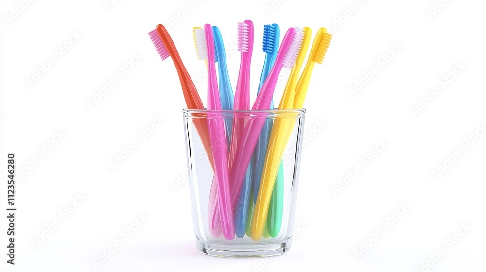 Vibrant 3D Rendering of Colorful Toothbrush Arrangement in Glass Container