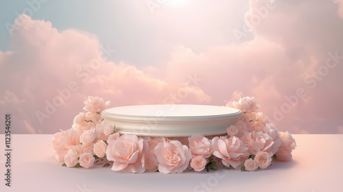 A dreamy pastel circular pink podium by blooming pink roses, a soft sky with fluffy clouds. a romantic surreal showcasing product. floral display, flowers around a stage, Valentine’s Day background