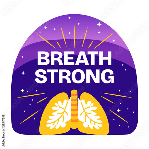 A flat sticker of lungs with breath strong typography
