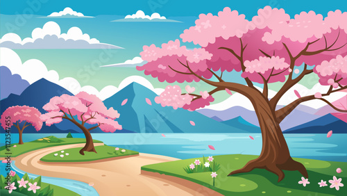Cherry blossom trees bloom along a tranquil lakeside path in a vibrant spring landscape