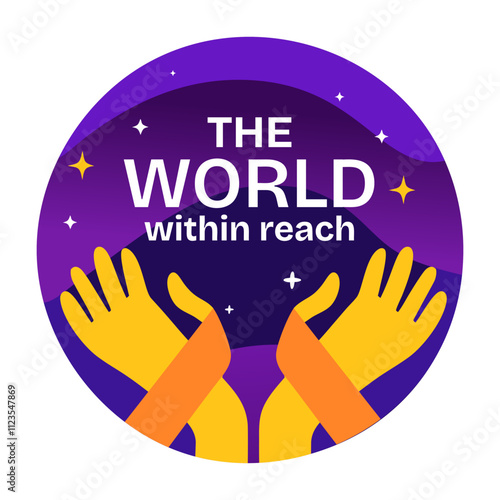 Support hands with the world within reach typography, flat sticker 