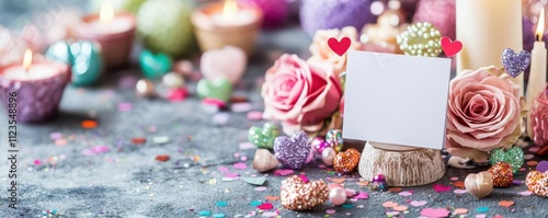 A tabletop stand with a blank cardholder, surrounded by small Valentine s props like candles, roses, and confetti photo