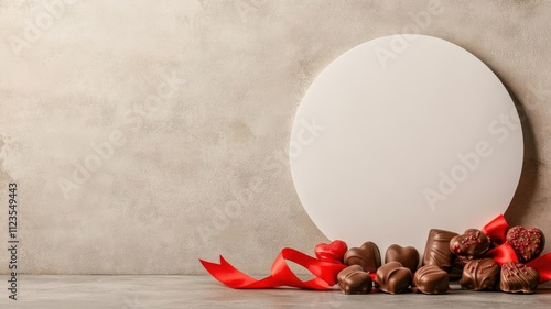 White circular blank stand with Valentine's themed elements like chocolates and red ribbons photo