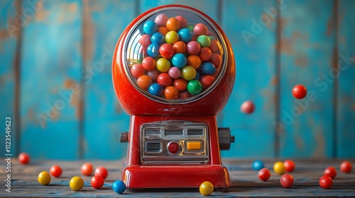 A classic gumball machine filled with colorful gumballs, with a few gumballs scattered


