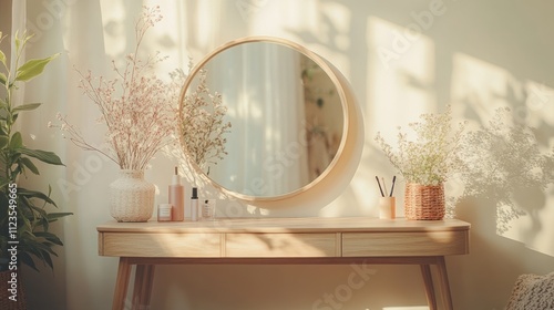 Sunlit vanity with round mirror, dried flowers, and skincare products.