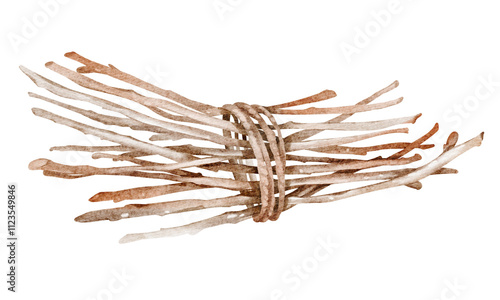 Watercolor illustration of tied wooden sticks and twigs. Rustic background featuring chopped and seasoned firewood for eco-friendly or rural lifestyle, projects. Perfect for creative decor concepts.