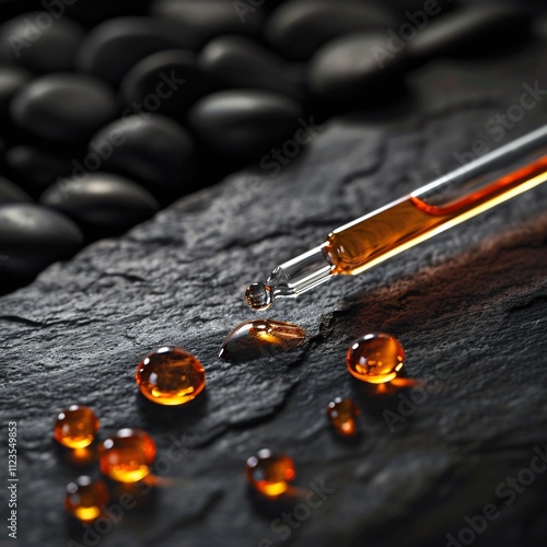 Wallpaper Mural Orange Liquid Droplets in Glass Pipette on Black Rocks Background Torontodigital.ca