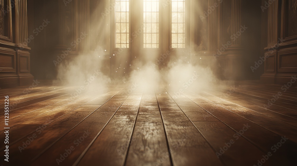 A beautifully lit wooden floor with sunbeams streaming through tall windows, creating a serene and peaceful atmosphere indoors.. A beautifully lit wooden floor with sunbeams streaming through tall windows, creating a serene and peaceful atmosphere indoors..