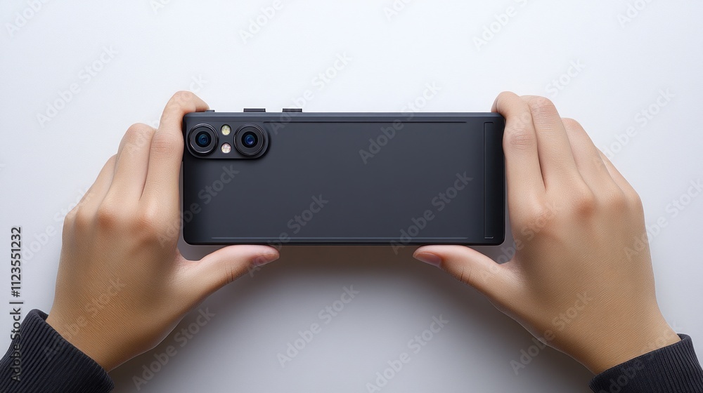 custom made wallpaper toronto digitalHands holding a black smartphone with dual camera, top view on white background.