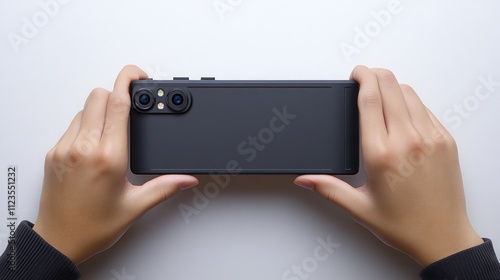 Wallpaper Mural Hands holding a black smartphone with dual camera, top view on white background. Torontodigital.ca