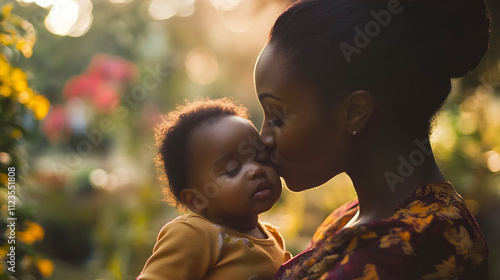 a diverse Mother and Baby Bonding in a Warm Garden Setting photo