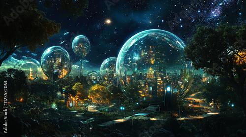 A glass-domed asteroid city with magnetic pathways linking lush parks and tranquil neighborhoods beneath a starlit sky. photo