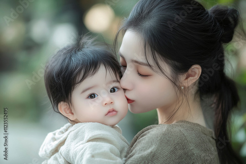 a Korean Mother and Baby Bonding in a Warm Garden Setting photo