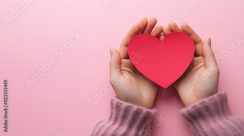 Pink paper heart held by hands on a pastel pink background, symbolizing love, romance, and heartfelt gestures for Valentine’s Day celebrations. photo