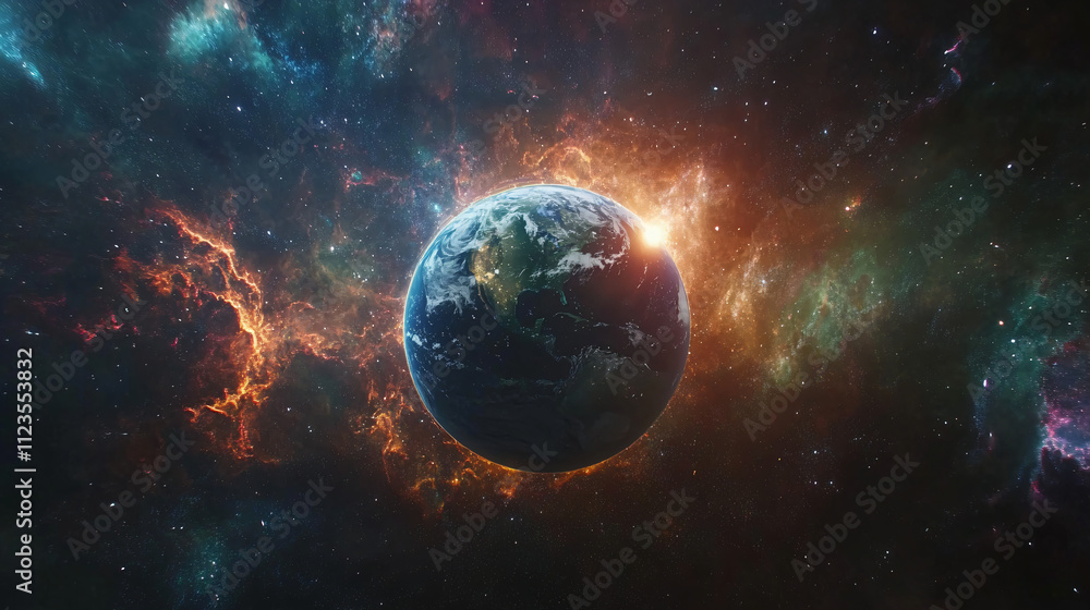 Fototapeta premium A glowing Earth seen from space, surrounded by colorful cosmic dust and distant galaxies.