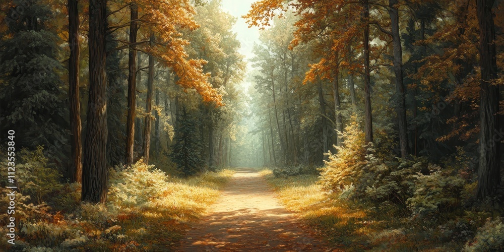 Obraz premium Sunlit Path Through an Autumnal Forest